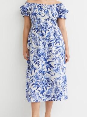 H&M Off-Shoulder Blue & White Floral Midi Dress EUC!!